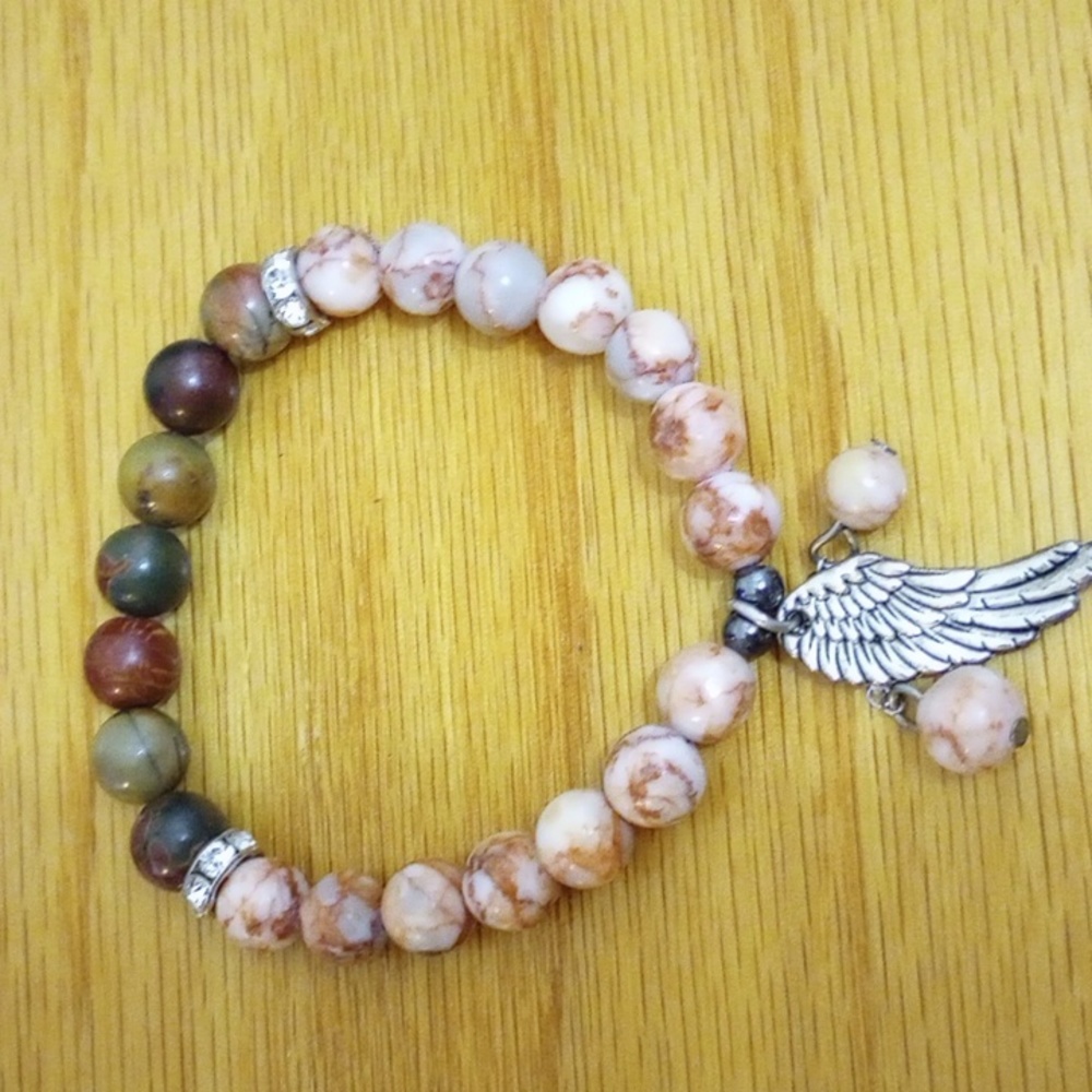 Kaleidoscope red veined white onyx Picasso Jasper angel wing stretchy bracelet